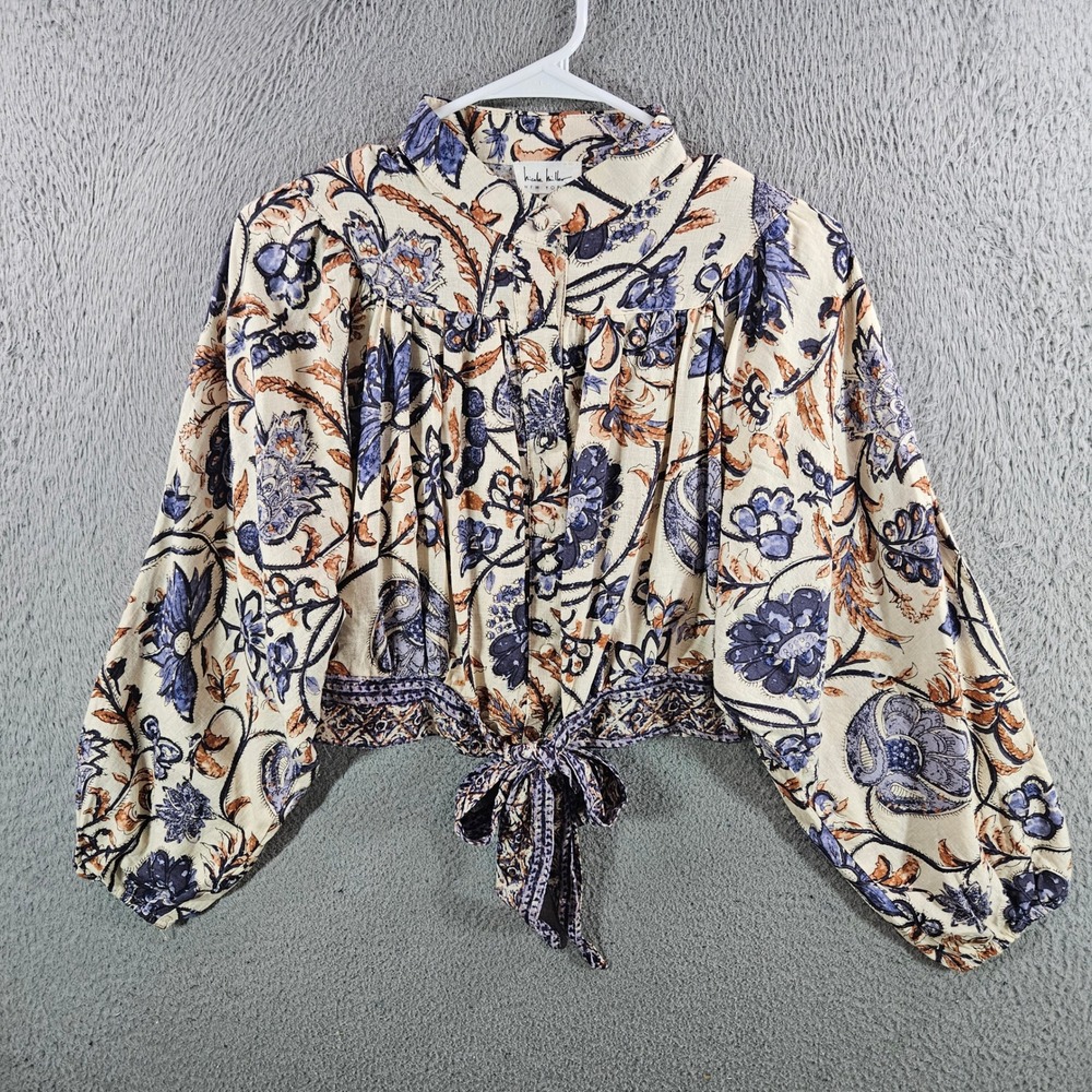 Nicole Miller New York Floral Linen Blend Tie Front Cropped Blouse Blue Small